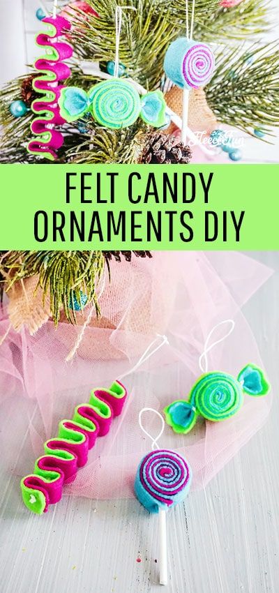 candy lollipops on a stick with text overlay that reads, felt candy ornaments diy