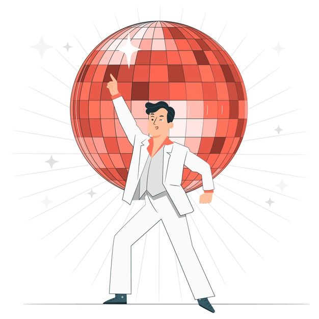 a man in a white suit dancing with a disco ball behind him