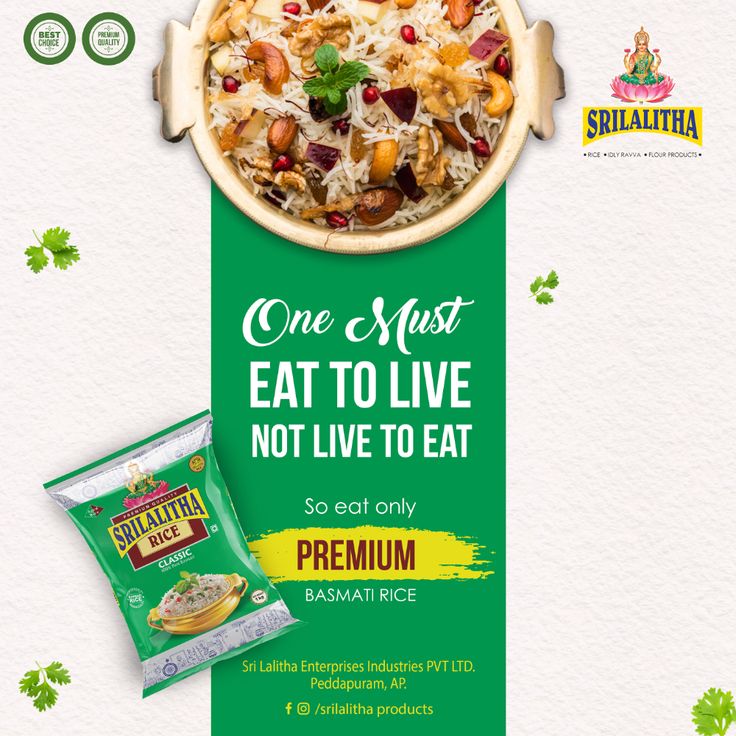 an advertisement for sushita rice with the caption one must eat to live not live to eat