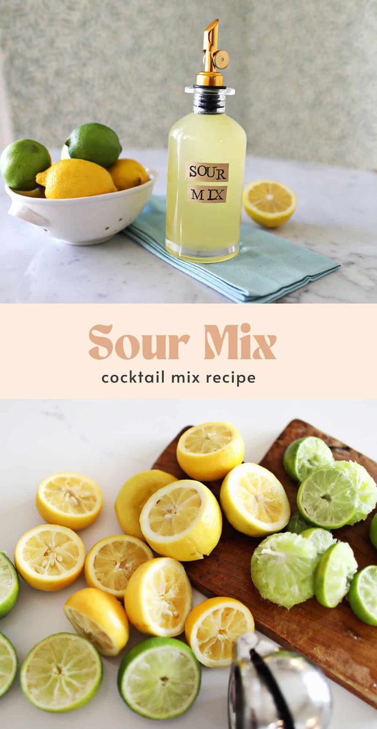 some lemons and limes on a cutting board next to a bottle of sour mix