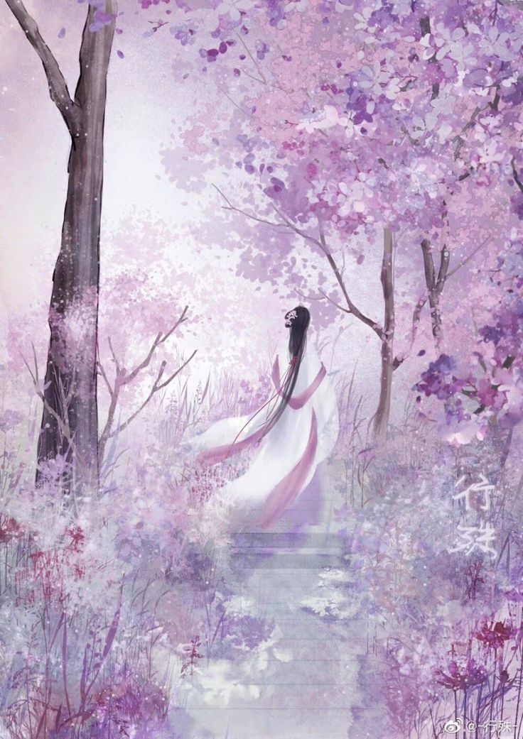 a painting of a woman in a white dress walking through a forest with purple flowers