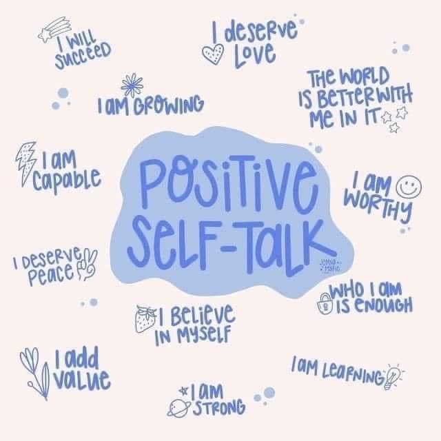 the words positive self talk written in blue ink on a light pink background with white writing