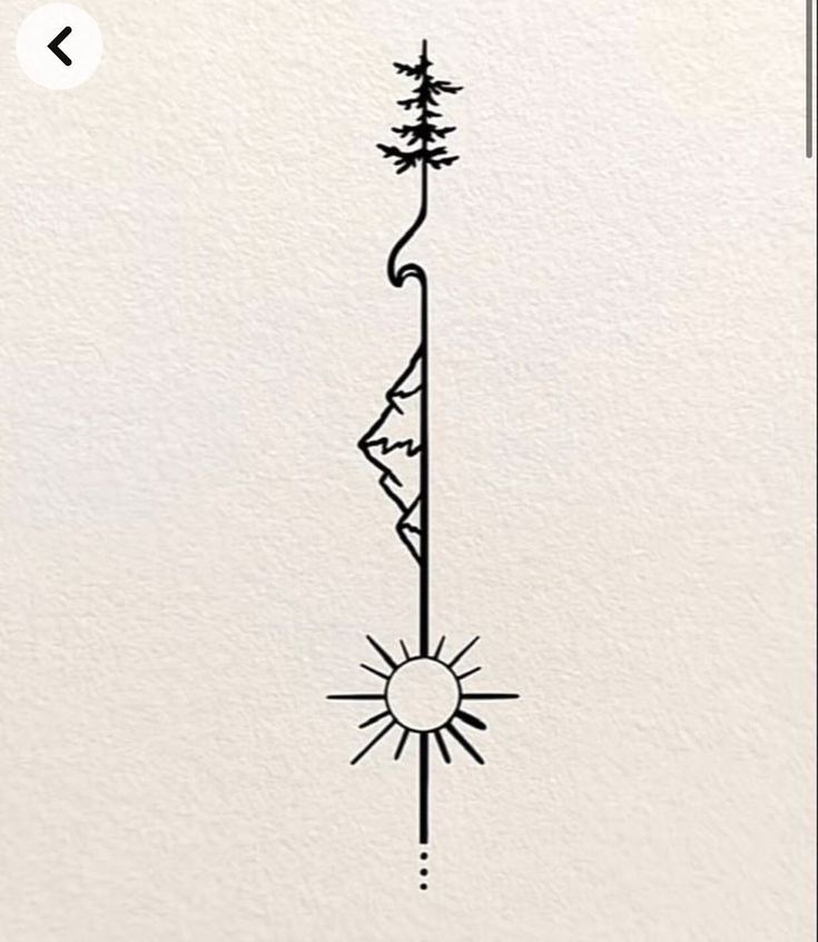 a black and white drawing of a tree with the sun in the sky behind it