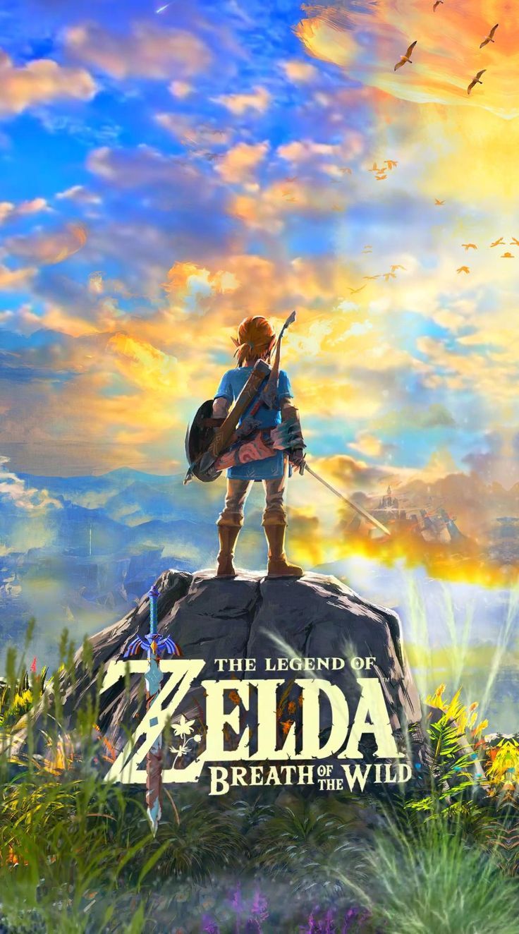 the legend of zelda standing on top of a rock in front of a sunset