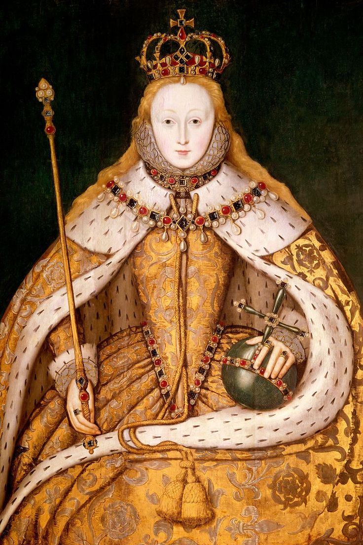 a painting of a woman wearing a red and white dress with a crown on her head