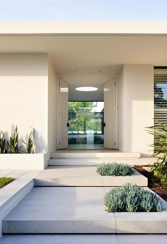 the entrance to a modern house with plants and shrubs