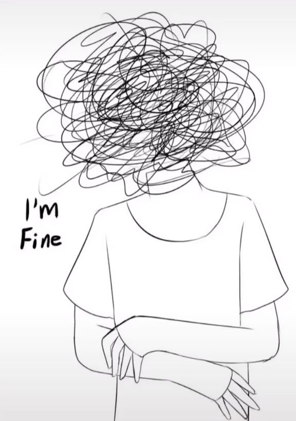 a black and white drawing of a woman's head with the words i'm fine on it