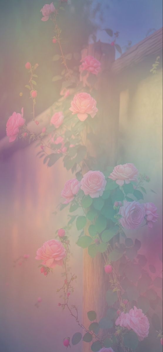 pink roses are blooming on a fence post in the foggy morning sun light