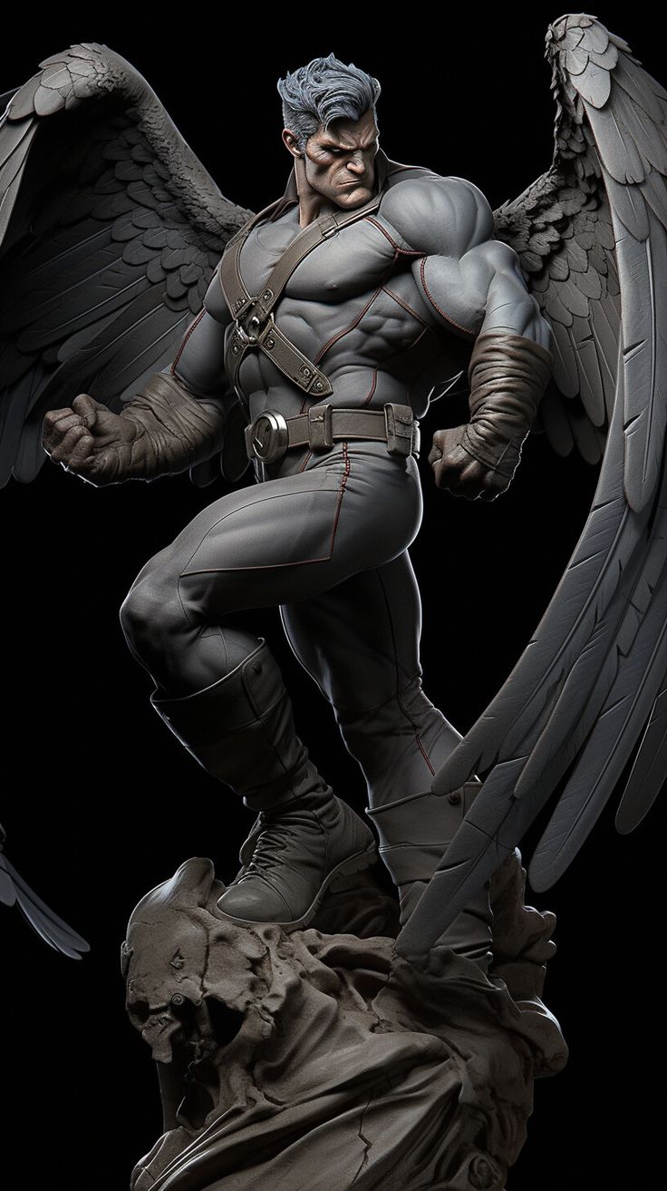 a statue of a man with wings on top of a black background and another figure in the foreground