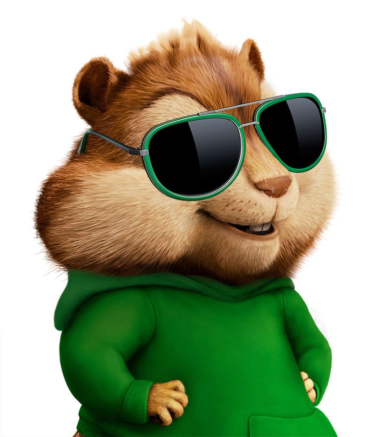 a cartoon chipmun with sunglasses on his head and wearing a green outfit, standing in front of a white background