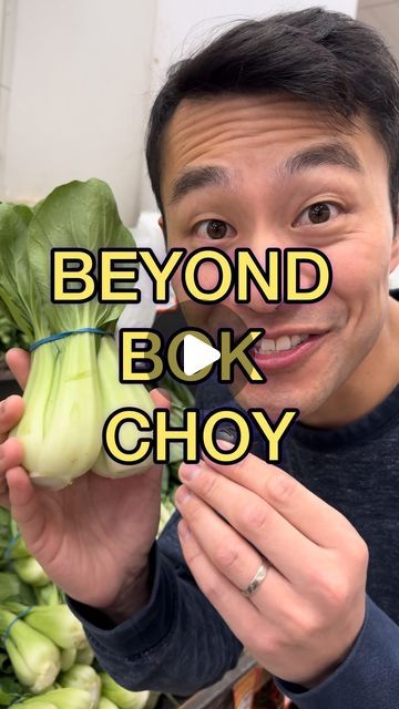 a man holding up a piece of broccoli with the words beyond book choy in front of him