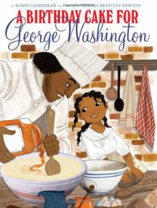 a birthday cake for george washington is shown with an illustration of a woman and child in the kitchen