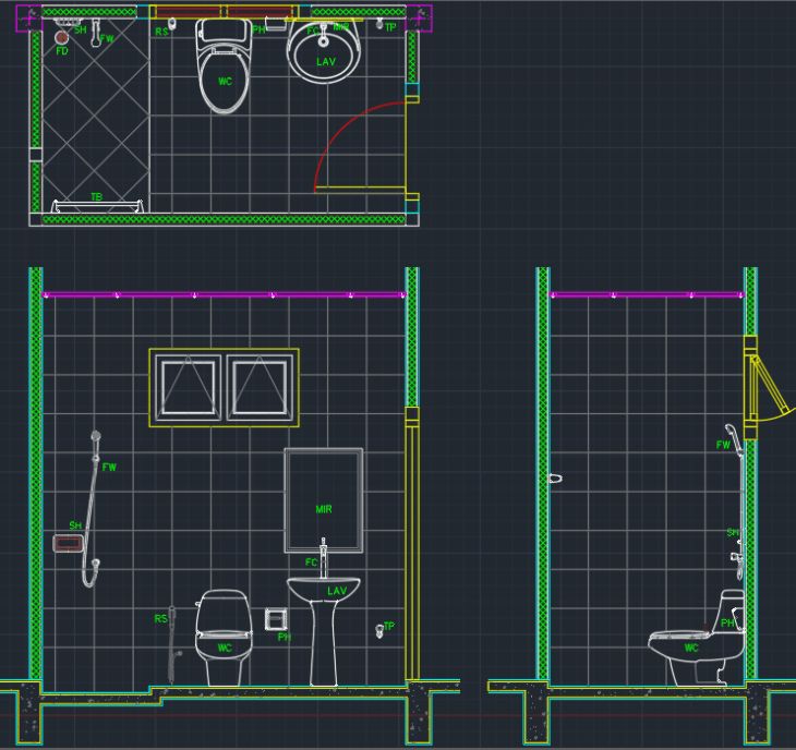 a blueprint drawing of a bathroom with toilet, sink and shower