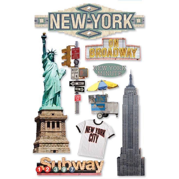 new york on broadway poster with the statue of liberty, street signs and traffic lights