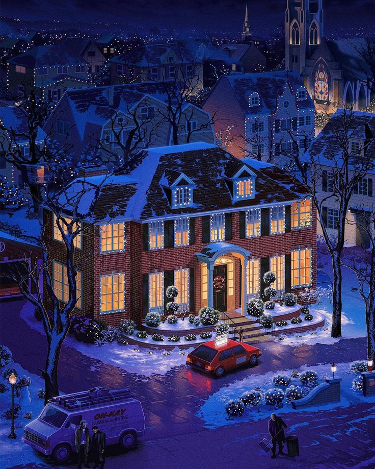 a painting of a large red brick house in the middle of town at christmas time