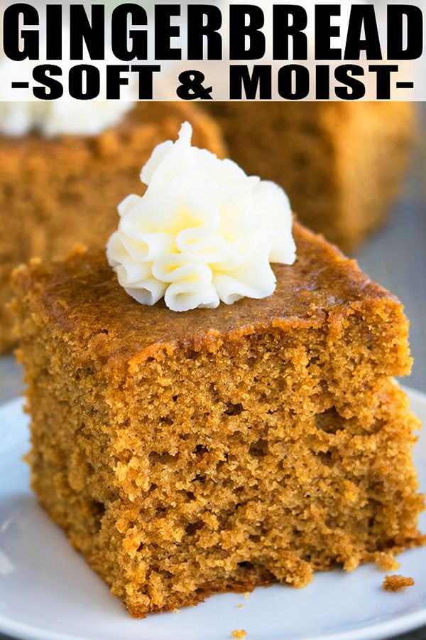 a close up of a piece of cake on a plate with the words gingerbread soft and moist