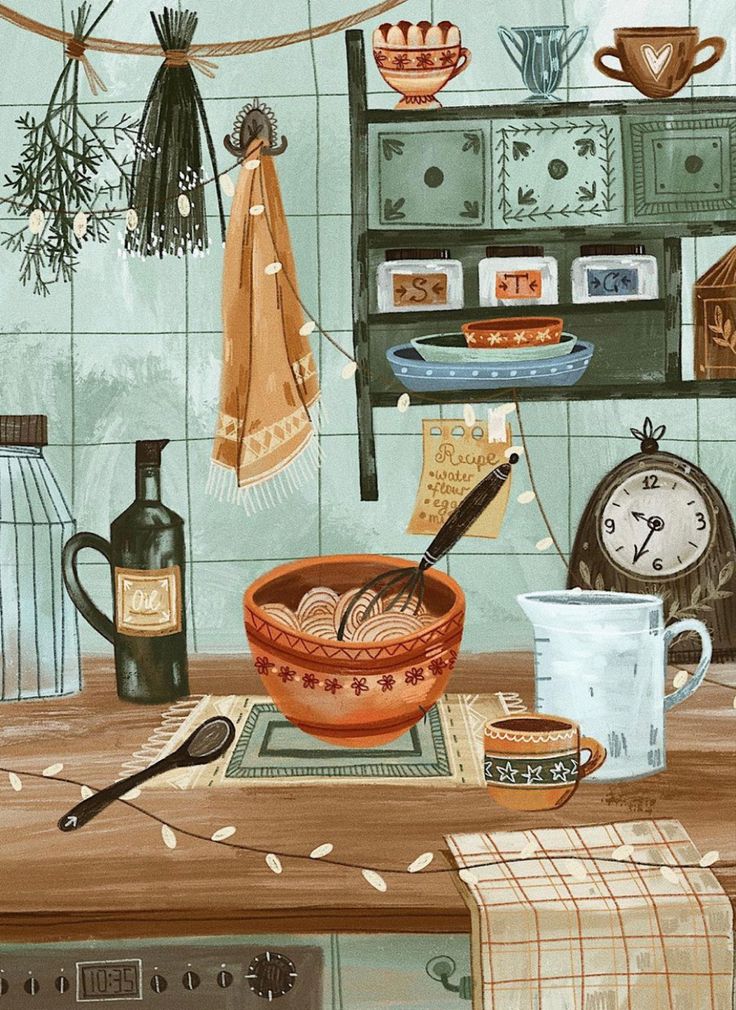 a painting of a kitchen with dishes and utensils