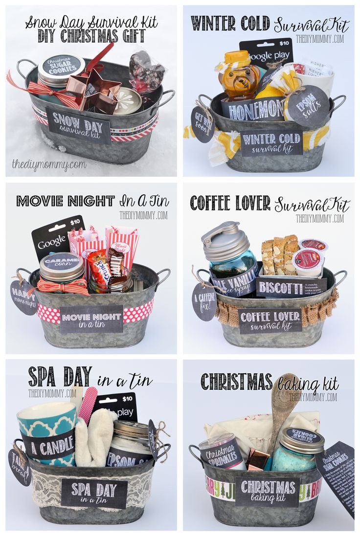 six different baskets filled with various items and labeled in the words spa day, winter cold, coffee lover, christmas gift