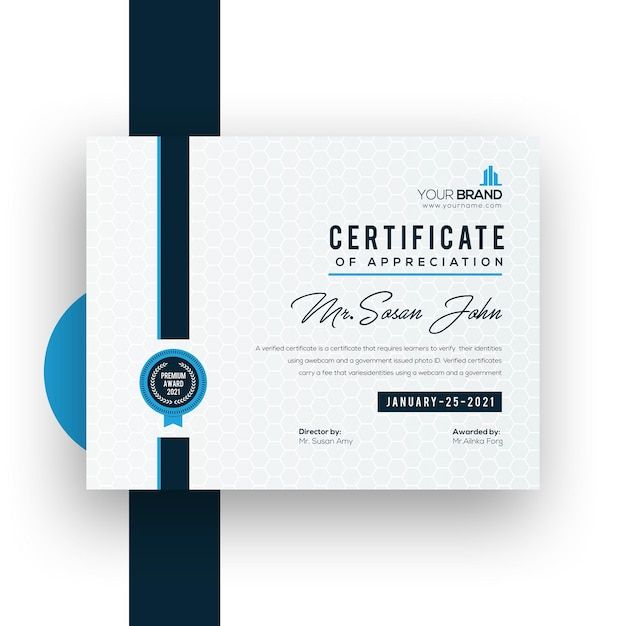 a certificate with blue and white stripes