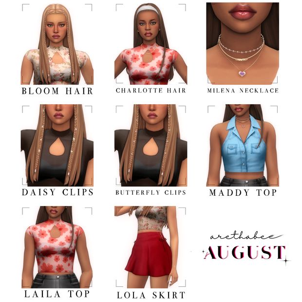 six different types of women's hair for the simse game, which includes short skirts and crop tops