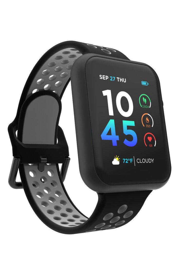 Crush your fitness goals with a multifunction smartwatch featuring an array of sport and health modes made to keep you moving. 41mm case, 20mm strap width Stainless steel case Silicone strap Scratch, dust and water resistant screen Lithium-ion battery Battery can last up to 7 days on a full charge 100+ sport mode options Receive notifications for calls, text messages, social media and other apps Health monitoring includes heart rate monitor, blood oxygen monitor, sleep mode and more. Compatible App Workouts, Custom Watch Faces, Weather Information, Fitness Progress, Different Sports, Workout Apps, Custom Watch, Watch Faces, Black Case