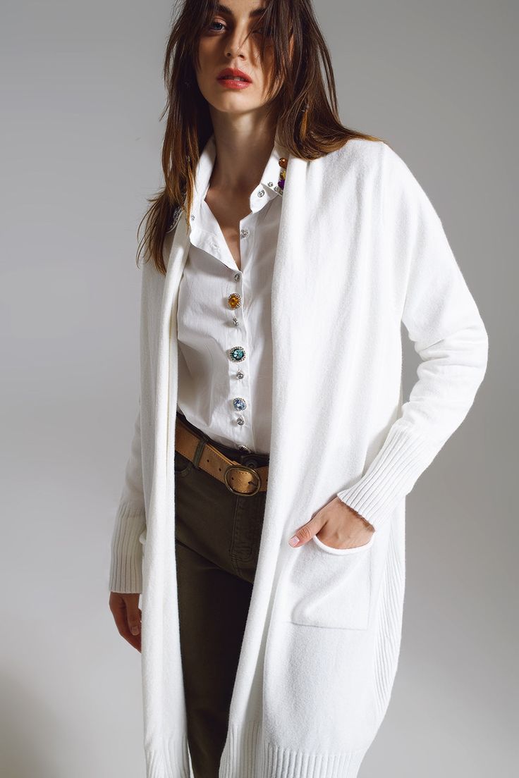 Q2 Long white cardigan with folded pockets Long White Cardigan, Pocket Sweater, Knit Texture, Soft Cardigan, Green Cardigan, Cozy Cardigan, Online Fashion Boutique, Modern Trend, Perfect Wardrobe