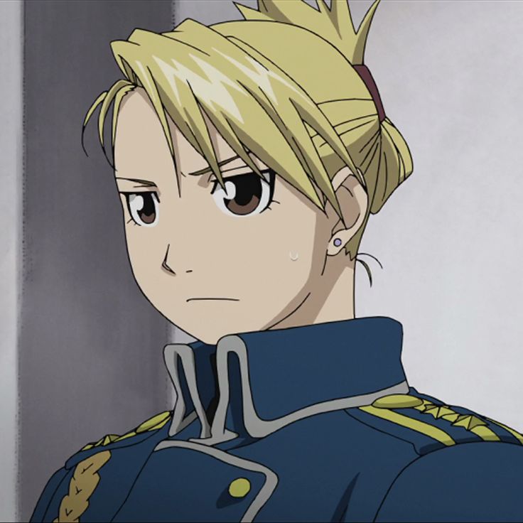 an anime character with blonde hair wearing a blue uniform and looking at something in the distance