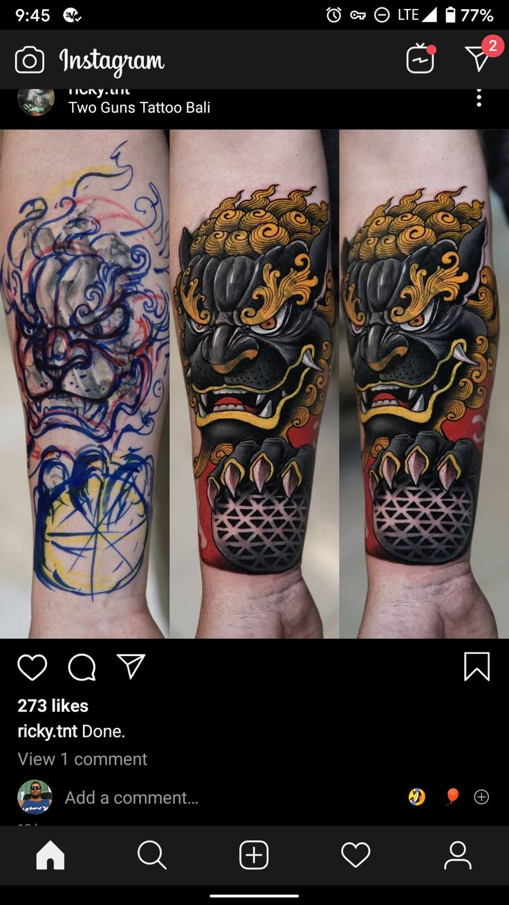 Fu Dog Tattoo Color, Foo Dog Color Tattoo, Chinese Foo Dog Tattoo Design, Asian Lion Tattoo, Japanese Lion Tattoo Design, Foo Lion Tattoo, Japanese Fu Dog Tattoo Design, Chinese Dog Tattoo, Fu Dog Tattoo Design