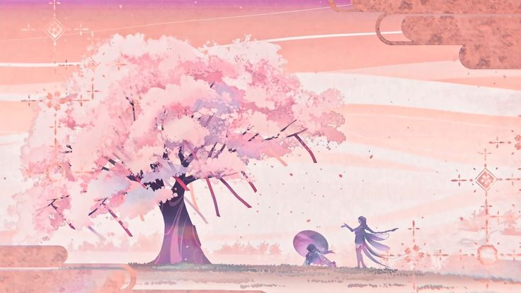 two people standing in front of a tree with pink flowers on it and an orange sky behind them