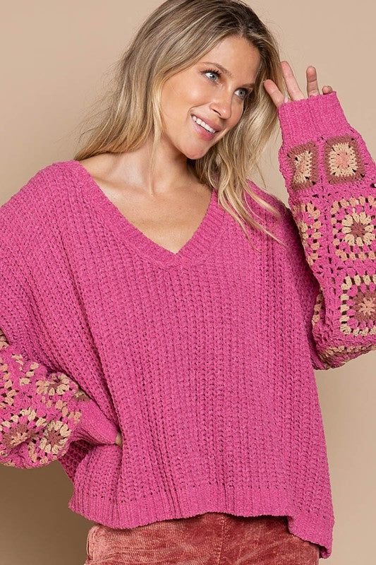 Final Sale - Get it before it's gone! The perfect fall sweater, the Marsha Pink Crochet Sleeve Sweater is a must-have! Made with pink knit, this top is sure to be a conversation starter. Featuring a V-neckline, long bell sleeves sheer crochet grandma squares. Style it with your fav ripped jeans for an effortless look! DETAILS & CARE Polyester. Machine wash cold. Imported. Fall V-neck Crochet Top, Fall Crochet V-neck Top, Fall Crochet V-neck Top With Crochet Trim, Pink V-neck Open Knit Sweater, Winter V-neck Crochet Top, Pink V-neck Crochet Top For Spring, Spring Open Knit Long Sleeve V-neck Sweater, Spring Long Sleeve Open Knit V-neck Sweater, Bohemian Pointelle Knit Crochet Top With V-neck