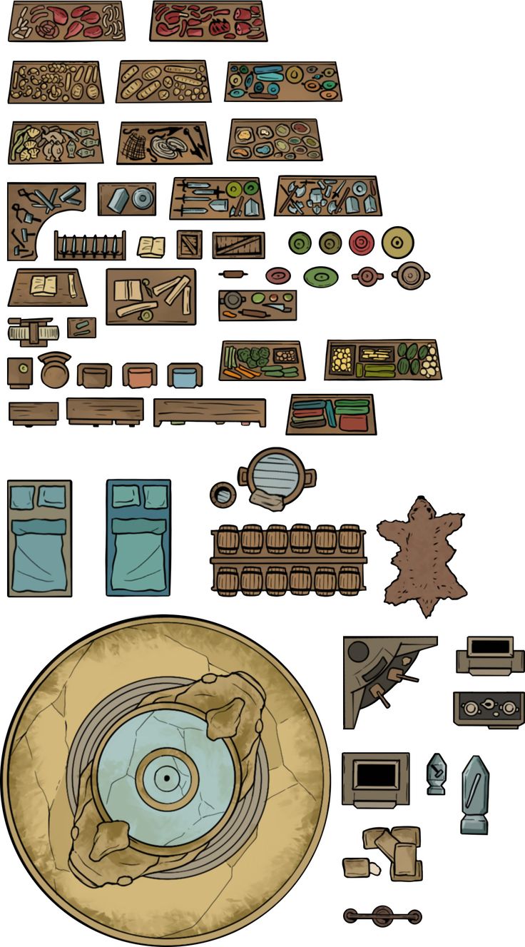 an assortment of items and tools are shown in this graphic style, including a table top