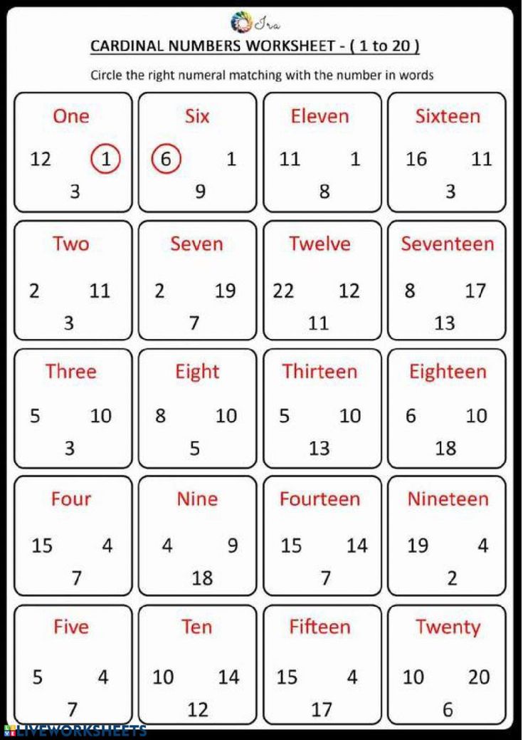 the cardinal numbers worksheet is shown in red and white, as well as two numbers