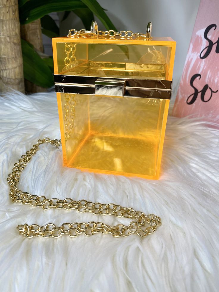 orange acrylic handbag Box Handbag, Unique Accessories, Acrylic Box, Bag Dress, Acrylic Material, Accessories Unique, A Box, Gold Hardware, Handbags