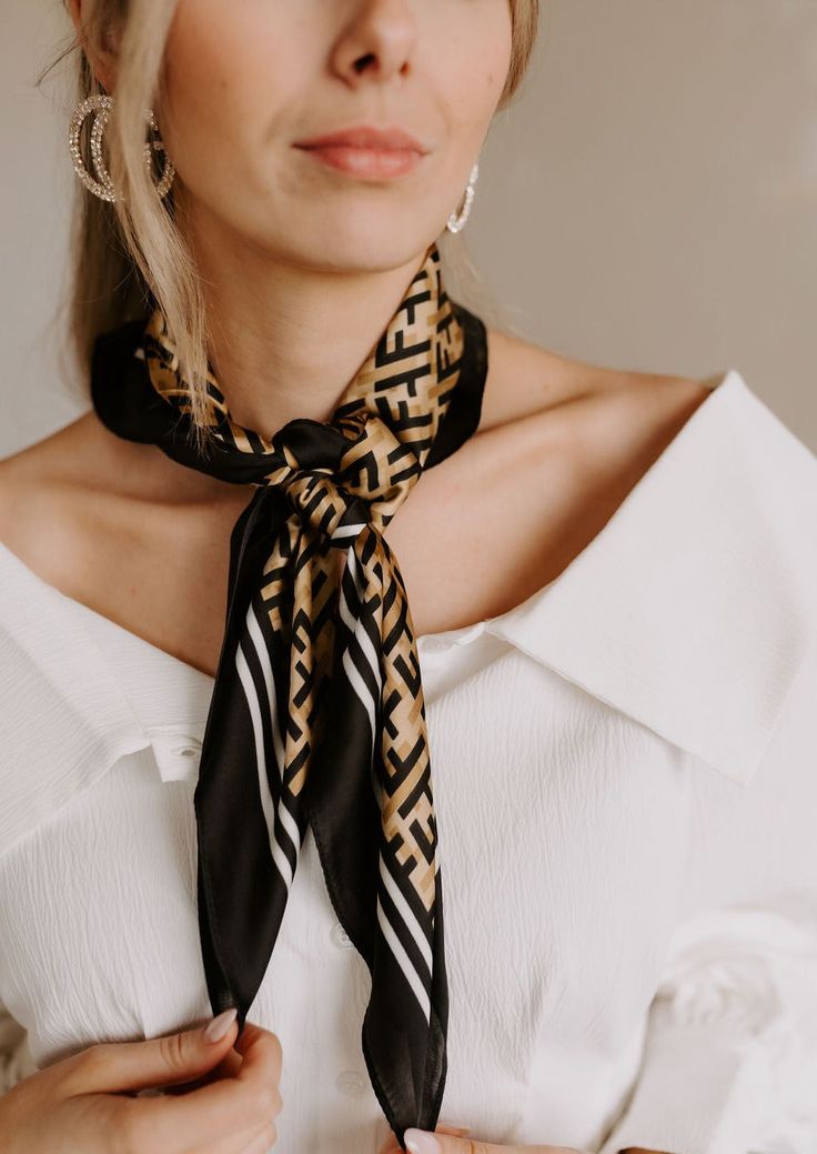 Elegant and chic silk wildrag in chestnut brown, black & ivory. Geometric printed details throughout wildrag/scarf. Square style, 27" x 27" Geometric Scarf, Scarf Square, Chestnut Brown, Silk Scarves, Chestnut, Silk, Square, Black