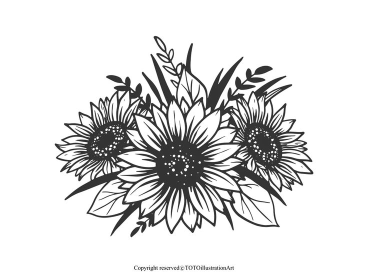 a black and white drawing of some flowers