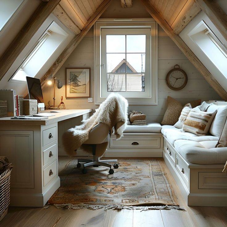 an attic bedroom with white furniture and wood flooring on the walls, along with a large window