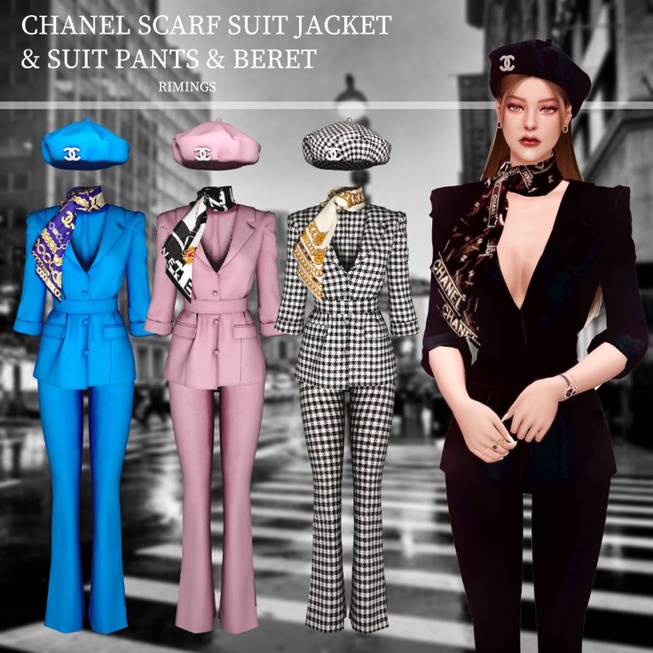 three mannequins wearing suits and hats in different colors, with the caption chanel scarf suit jacket & suit pants & beret