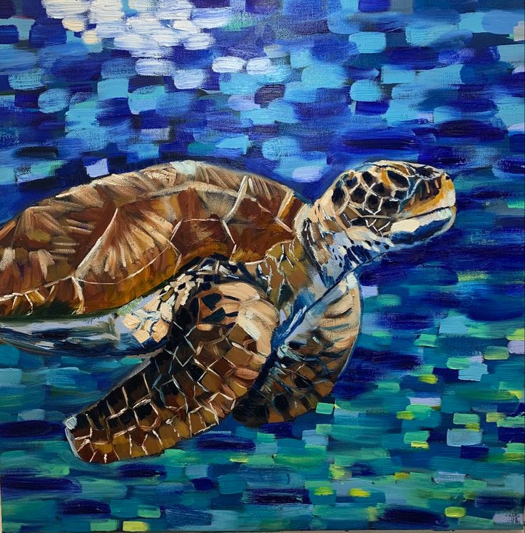 a painting of a turtle swimming in the ocean