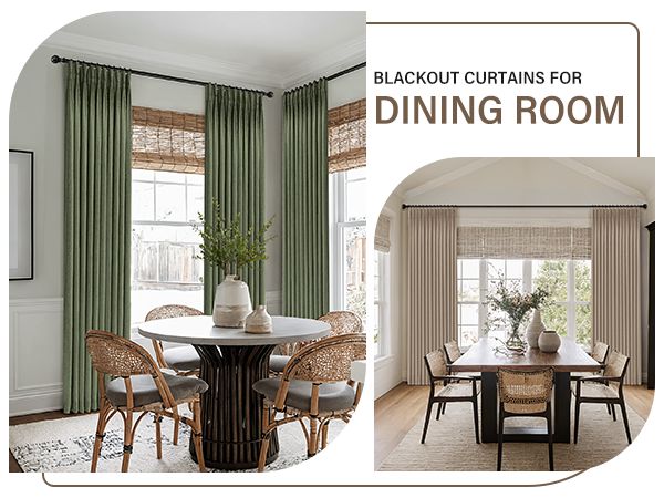 the dining room is decorated with green curtains and wicker chairs, along with a round table