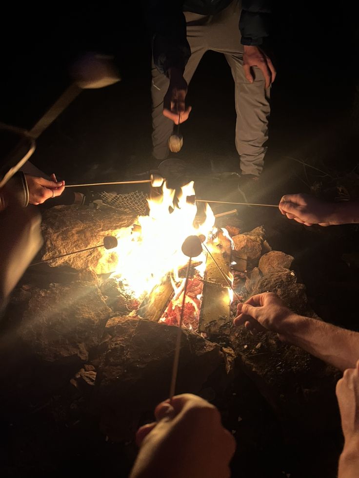 people sitting around a campfire with marshmallows on the fire and one person holding a spoon