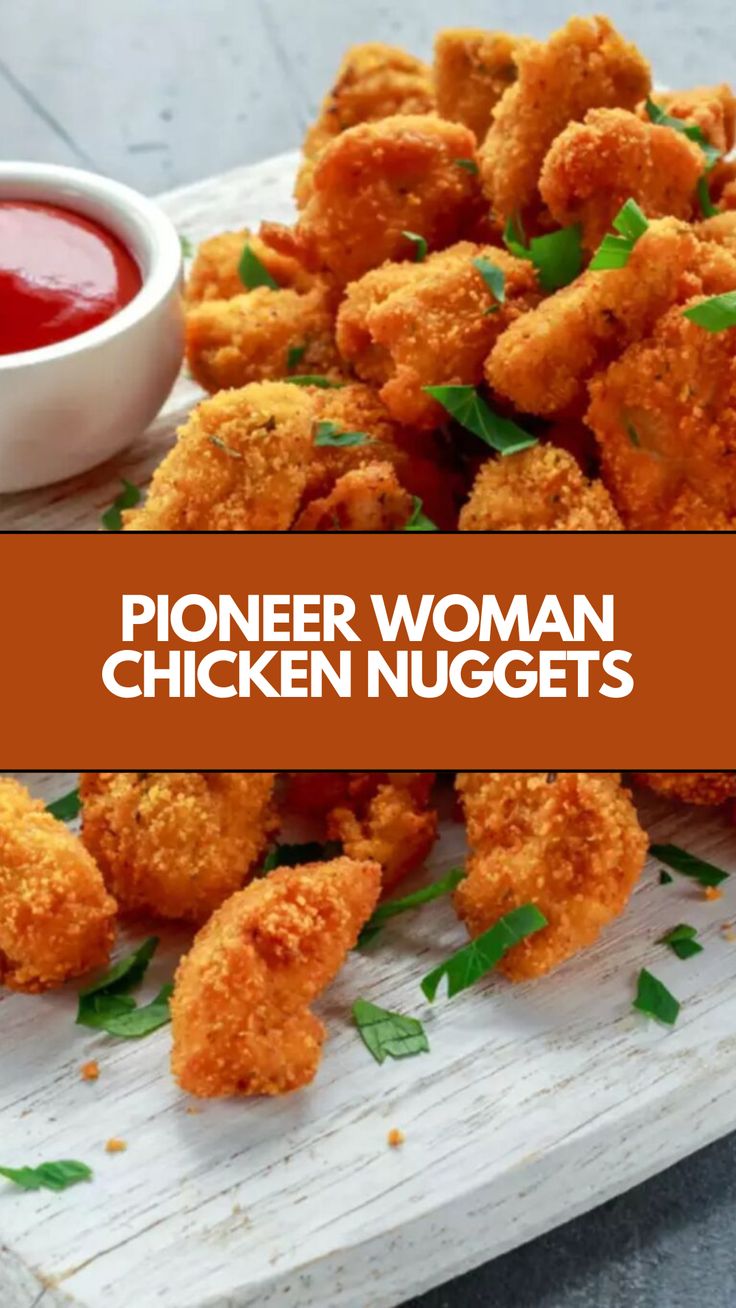 chicken nuggets with ketchup and sauce on a white tray next to the words, pioneers woman chicken nuggets