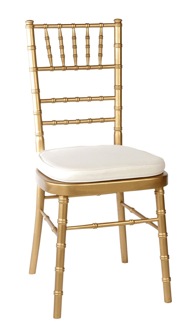 a gold chiavar chair with white cushion on the seat and backrests