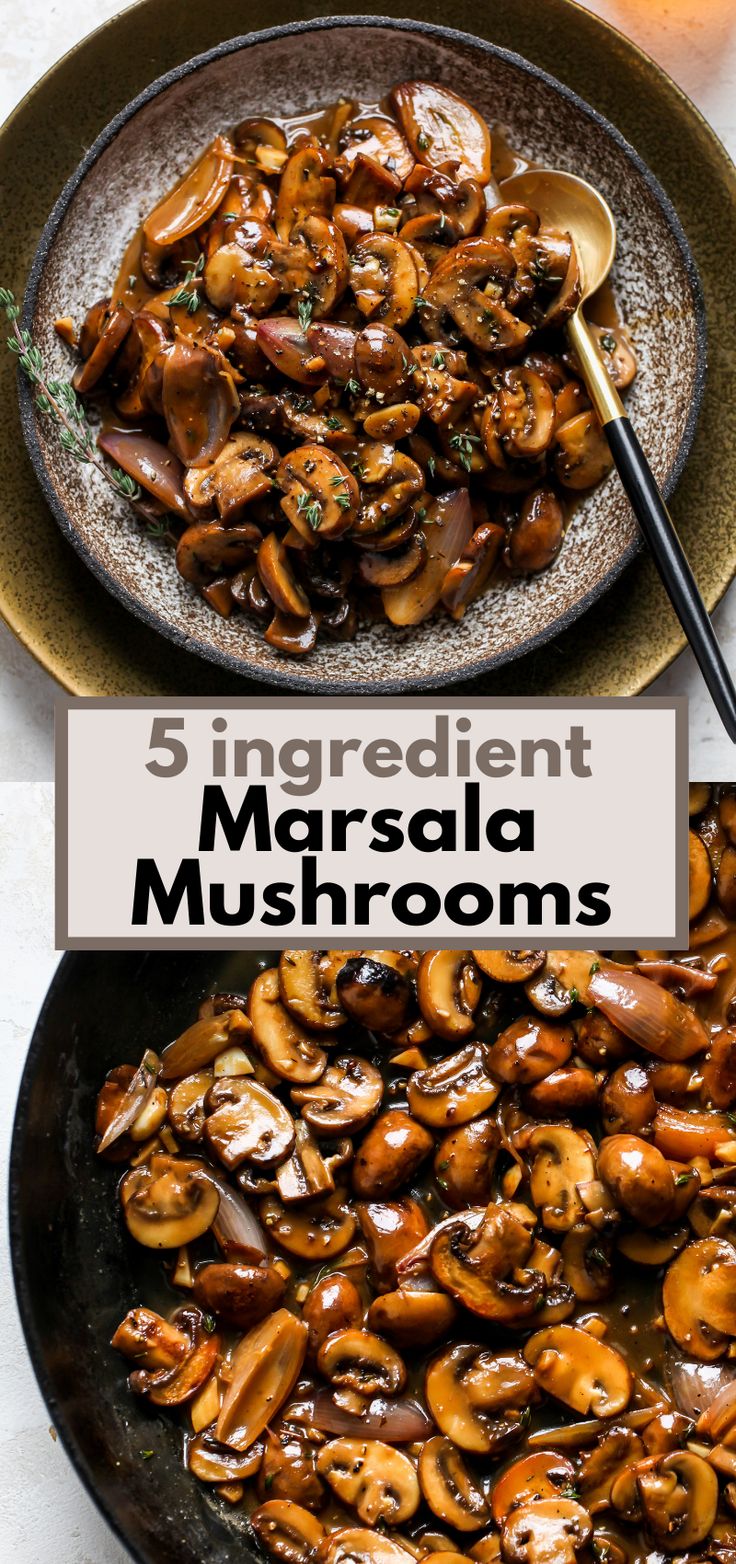 mushrooms are being cooked in a skillet with the words 5 ingredient masala mushrooms