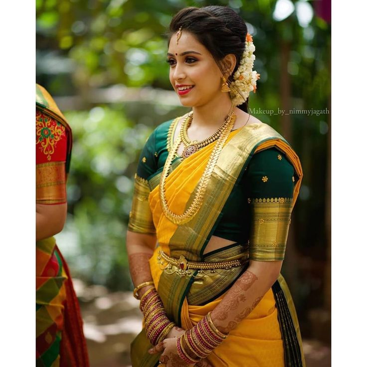 Yellow With Green Aari Work Blouse, Yellow Pattu Saree Wedding, Yellow Green Saree, Pelli Sarees, Muhurtham Look, Magam Work Blouses, Bottu Mala, Yellow Sarees, Maharashtrian Look