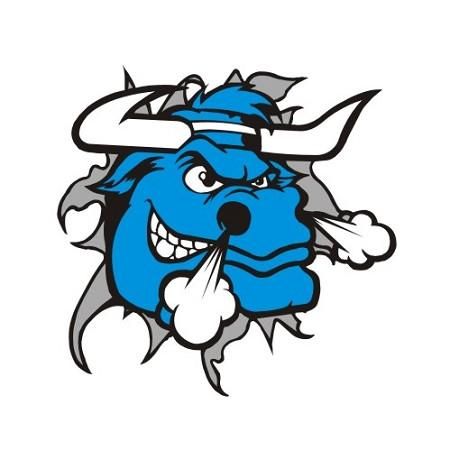 the blue devil mascot is wearing a horned hat and holding a bone in his mouth