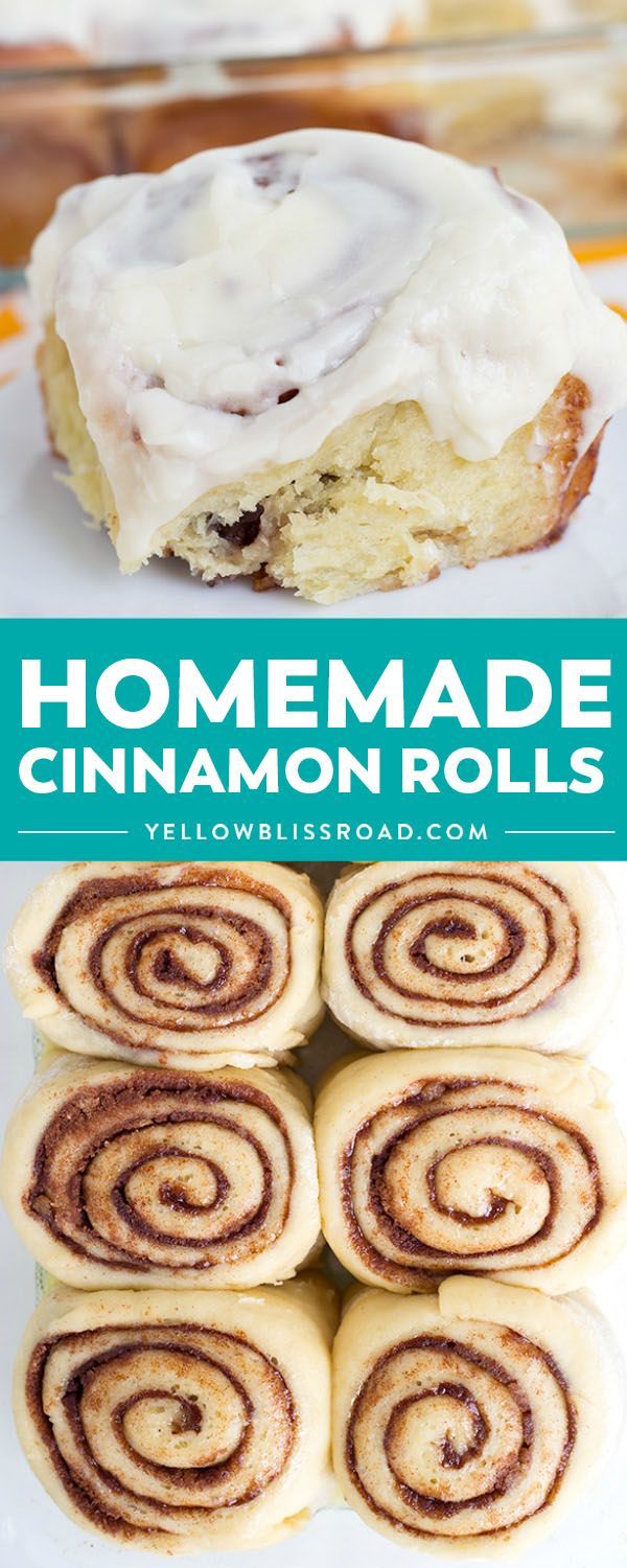 homemade cinnamon rolls with icing on top and the title below reads, homemade cinnamon rolls