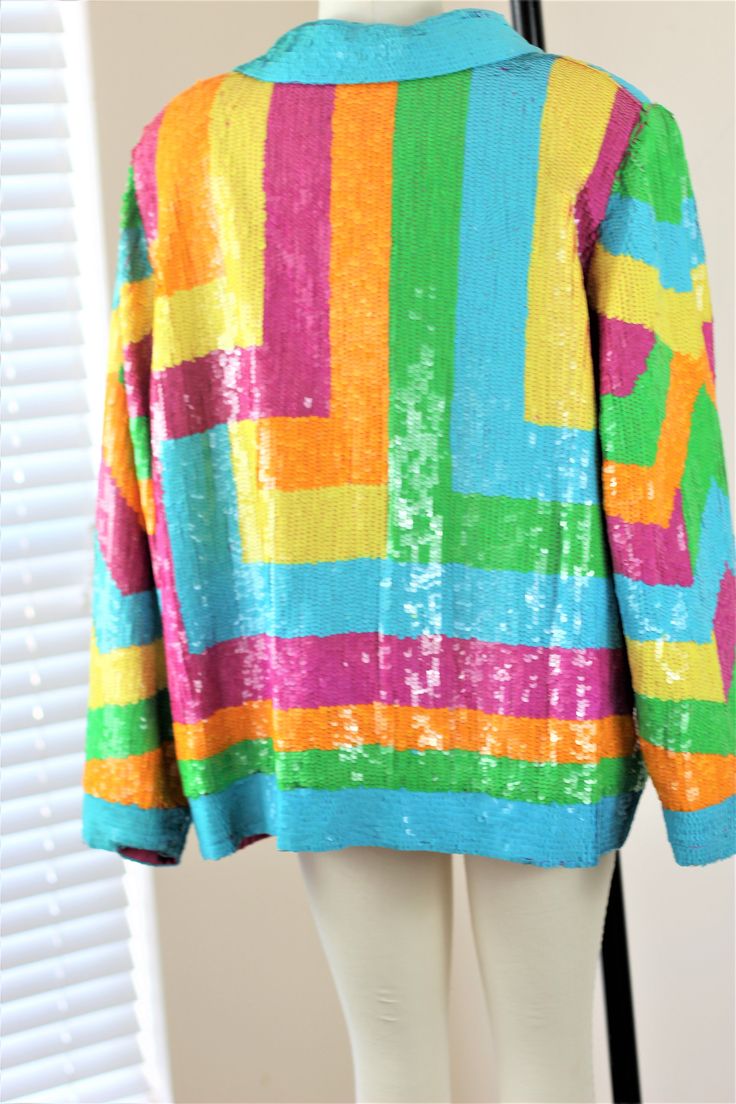 "This is deadstock with tags and extra beads and sequins and it is in Excellent condition! This is a plus size piece and is beautiful!! the colors are fabulous and this is a jacket you can use again and again..and it will make you happy Measuring: 25\" length Width: 50\" Sleeves: 25\" Pet Free/smoke free Enjoy!" Multicolor Sequined Outerwear For Party Season, Multicolor Sequined Outerwear For Fall, Fall Multicolor Embellished Tops, Multicolor Sequin Tops For Fall, Vintage Sequin Jacket, Sequin Jacket, A Plus, Vintage Colors, Are You Happy