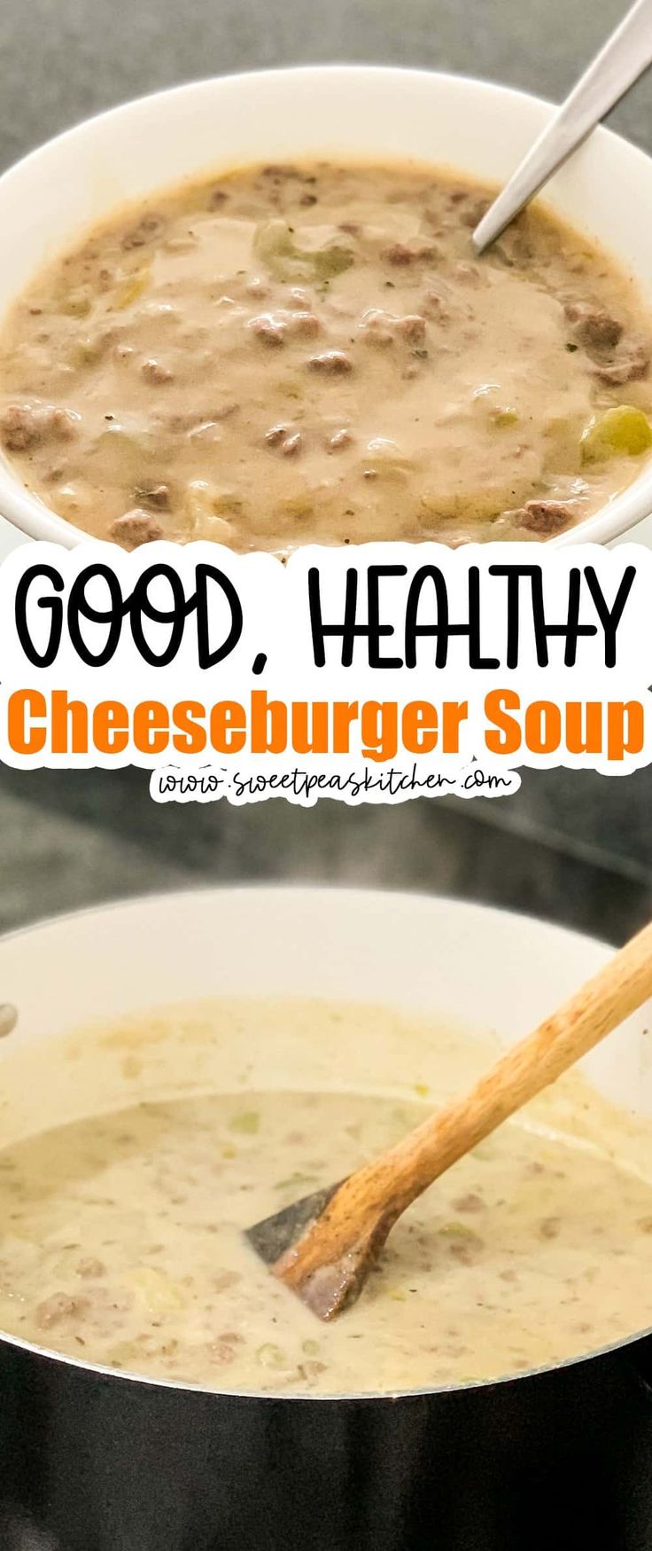 a bowl of cheeseburger soup with a wooden spoon in it and the words good, healthy on top