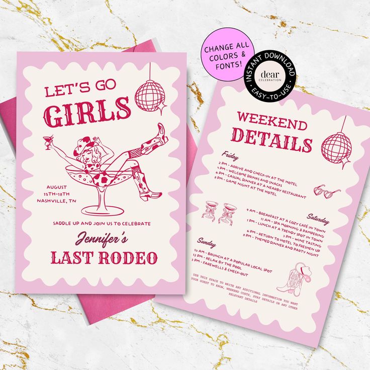 two pink and white cards with the words, let's go girls weekend details