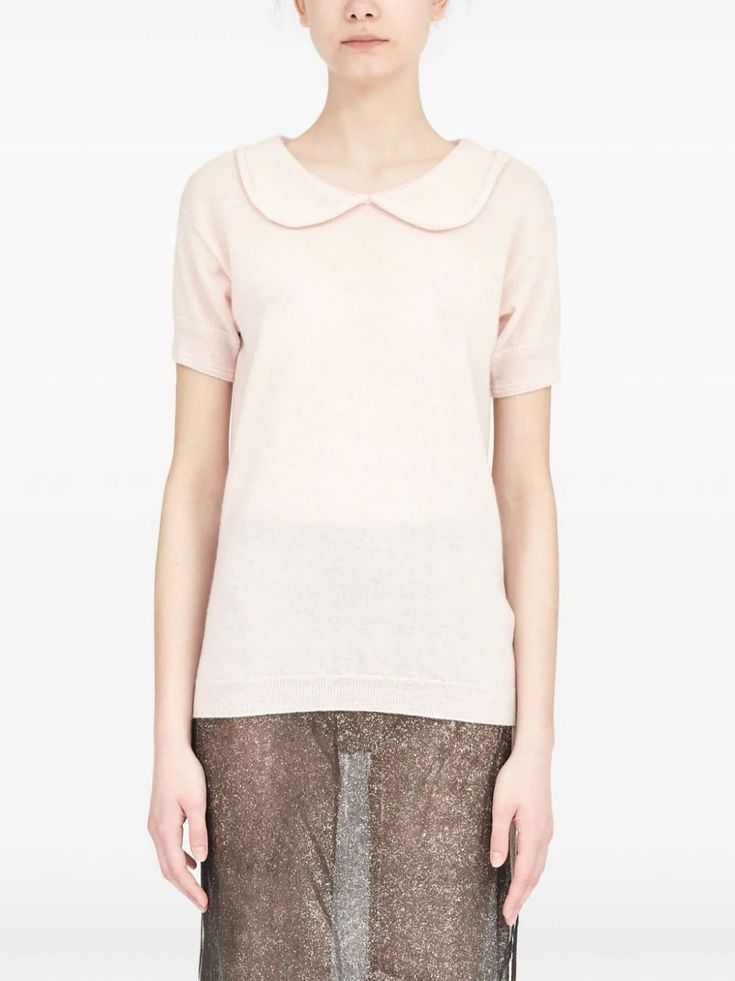 Maison Margiela wool-cashmere Blend Top - Farfetch Classic Pink Top With Ribbed Collar, Elegant Short Sleeve Tops With Ribbed Collar, Collared Fine Knit Cashmere Tops, Chic Cashmere Top With Ribbed Neckline, Pink Cashmere Tops For Spring, Chic Cashmere Top With Ribbed Collar, Chic Cashmere Tops With Ribbed Collar, Fitted Short Sleeve Cashmere Tops, Elegant Cashmere Tops With Seamless Collar